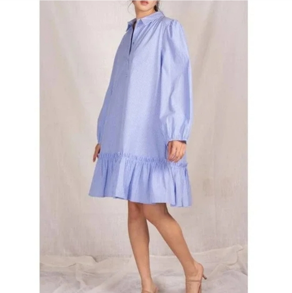 ANTHROPOLOGIE Blue Striped Shirtdress Size M Ruffle Hem Button Up Balloon Sleeve - Picture 3 of 11